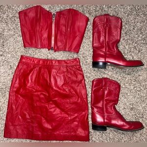 Vintage Bermans Red Leather Skirt Top Cowboy Boots Set Small 6 J. Chrisholm